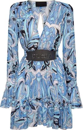 Philipp Plein Minijurk met grafische print en lange mouwen - Dames - Feestkleedjes - Blauw - S - Chiffon - Kleedjes