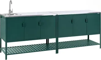 Beliani Outdoor Kitchen Cabinet Green Stainless Steel 3 Door Unit with Top Garden Kitchen Dining MAENZA