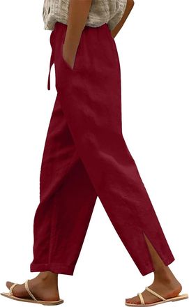 Generic FNKDOR Womens Cotton Linen Trousers for Women Lounge Palazzo Pants Straight Elasticated Waist Spring Summer Capri Cropped Trousers Ladies Lightweight 