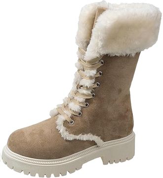 Generic Womens Fleece Lined Walking Shoes - Mid Calf Winter Boots For Women Uk Faux Fur Lined Wide Fit Snow Boots Comfortable Soft Bottoms Shoes Non-Slip Outd