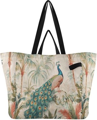 Generic Peacock Palm Trees Beige print Reusable Canvas Tote Bag, Heavy Duty Grocery Shopping Bag with Large Capacity Double Handles Hard Bottom Work Groceries