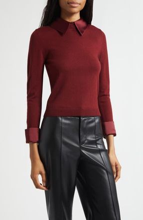 Alice & Olivia Porla Collared Mixed Media Silk Sweater in Oxblood at Nordstrom, Size Medium