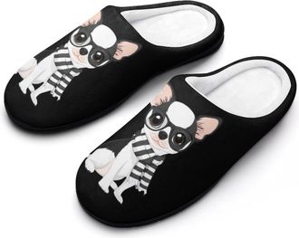 Generic Chihuahua Puppy Glasses Scarf Womens Slippers Warm House Slippers Indoor House Shoes with Anti-Skid Rubber Sole