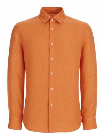 120% Lino Orange Linen Button-Down Casual Shirt