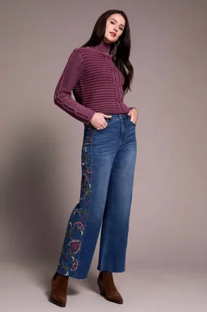 Tribal Brooke High Rise Embroidered Wide Leg Jeans In Bluedusk