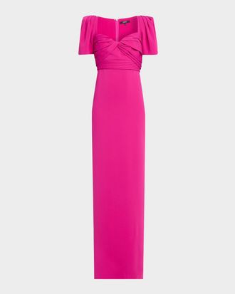 Badgley Mischka Pleated Puff-Sleeve Column Gown