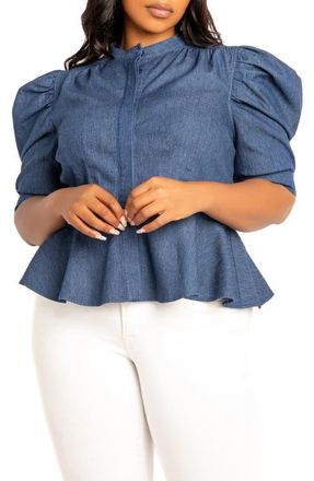 Buxom Couture Puff Sleeve Peplum Denim Shirt in Denim Blue at Nordstrom, Size 2 X