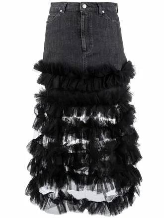 Red Valentino ruffle tulle-trim denim A-line skirt - Black