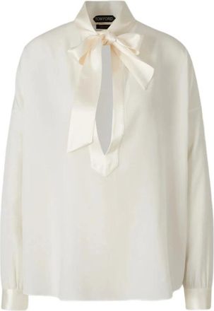Tom Ford Blouses, female, White, Size: S -bow Satin-trimmed Silk Crepe De Chine Blouse