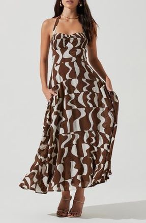 ASTR the Label Mariella Maxi Halter Sundress in Brown White Abstract at Nordstrom Rack, Size X-Small
