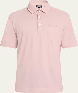Ermenegildo Zegna Mens Leather-Trim Pocket Pique Polo Shirt