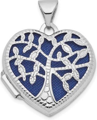 Diamond2Deal 14k White Gold Cut-out Tree of Life with Blue Fabric Interior 18mm Heart Locket