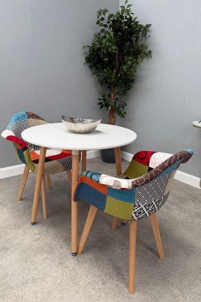Life Interiors Patchwork Halo Dining Set for 2 - a Round Dining Table & Set of 2 Fabric Dining Chairs with Armrests in White