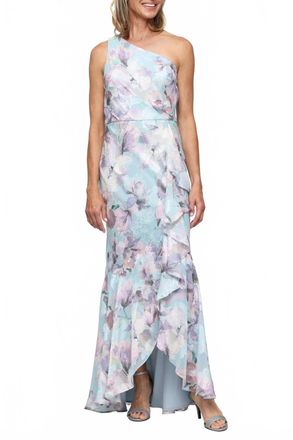 Alex Evenings Long Printed Burnout Chiffon One Shoulder Dress In Blue/multi