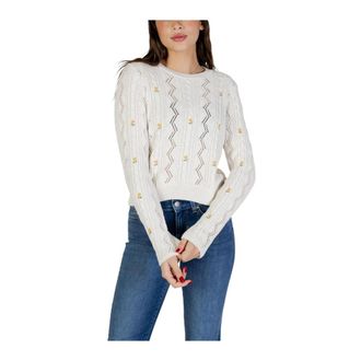 Only Round-neck Knitwear, female, White, Size: XL Floral Knitwear with Long Sleeves and Round Neck