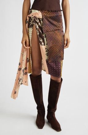Siedres Zoe Patchwork Print Satin Skirt with Sash in Brown Multi at Nordstrom, Size 6 Us
