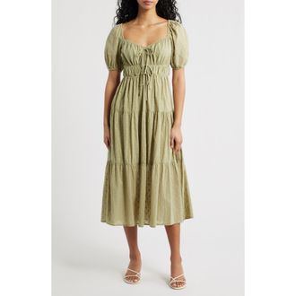 Blu Pepper Puff Sleeve Tiered Cotton Midi Dress in Olive at Nordstrom Rack, Size Medium
