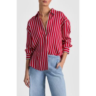 Alice & Olivia Dimitra Oversize Stripe Button-Up Shirt in Teakwood Chili Pepper at Nordstrom, Size X-Large