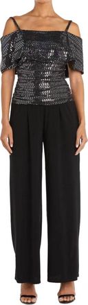 R & M Richards Sequin Off The Shoulder Jumpuit In Silver Black