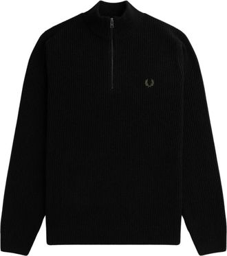 Fred Perry Zwarte Geribbelde Turtleneck met Halve Rits - Heren - Coltruien - Zwart - 2XL - Wol - Truien & Vesten