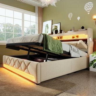 Merax Upholstered Bed with Hydraulic Storage, LED, Charging in Beige | Size: Double