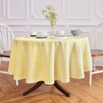 Solino Home Linen Round Tablecloth for Dining Table, Holiday and Everyday Table Decor - Amalfi Stripe in Primrose Yellow And White at Nordstrom, Size