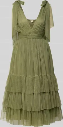 Lace & Beads Knielanges Kleid mit R&uuml;schenbesatz in Oliv, Gr&ouml;&szlig;e XXL