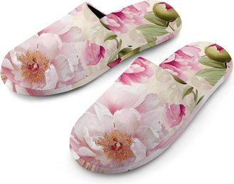 Generic Peony Flowers Blossoming Mens Slippers Flannel Warm House Shoes with Rubber Anti-Slip Sole Slip On for Home Outdoor