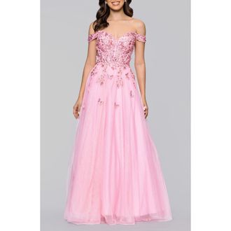 Blondie Nites Off the Shoulder Sequin 3D Embellished Tulle Gown in Blush at Nordstrom, Size 5
