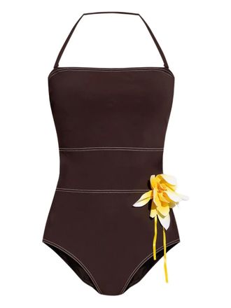 Tory Burch halterneck floral-appliqu&eacute; swimsuit - women - Lyocell/Polyamide - M - Brown