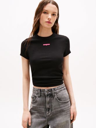 Tommy Jeans Kurzarmshirt TOMMY JEANS TJW SLIM SCRIPT LABEL SS TEE EXT, Damen, Gr. XXL (44), schwarz, Single Jersey, Obermaterial: 95% Baumwolle, 5% Elasthan, unif