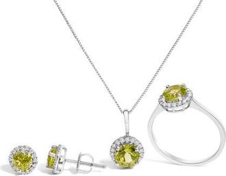 House of Brilliance 10K Gold Gemstone and 3/8 Cttw Diamond Halo Jewelry Set in White | Green Peridot at Nordstrom