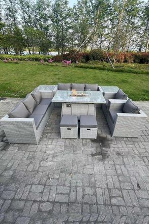 Fimous Rattan Fire Pit Garden Furniture Gas Heater Burner Lounge Sofa Dining Set Coffee Table Chairs Stool in Light Grey