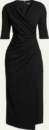Giorgio Armani Elbow-Sleeve Draped Crepe Slit Midi Dress