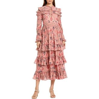 Mac Duggal Printed Long Sleeve Lace Up Front Tiered Ruffle Dress in Rose Multi at Nordstrom, Size X-Large