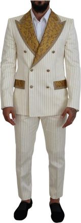 Dolce & Gabbana Off White Gouden Gestreepte Tuxedo Slim Fit Pak - Heren - Business pakken - Veelkleurig - S - Katoen - Kostuums