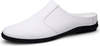 Generic Mens Leather Slip-On Mules Comfortable Soft Backless Slippers Summer Casual Walking Driving Sandals Half Loafers (White,5.5)