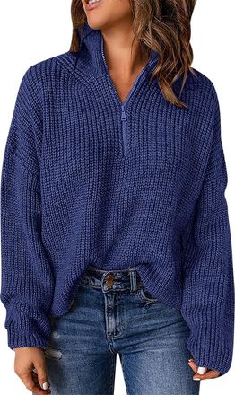 Generic Pullover Sweater For Women, Half Zip Jumper Ladies, Casual Turtle Neck Knit Tops, Solid Color Long Sleeve Sweaters Loose Versatile Cable Knitwear Vint