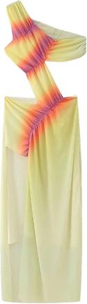 Generic Women Sexy Backless One-Shoulder Cut-Out Gradient Off Shoulder Sleeveless Maxi Dress Yellow L