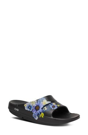 Oofos OOahh Limited Edition Slide in Black Blossom at Nordstrom, Size 11