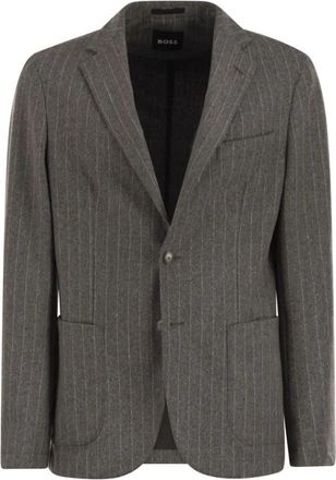 HUGO BOSS Slim-fit Blazer in Gestreept Stretch Flanel - Heren - Blazers - Grijs - L - Wol - Jassen