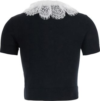 Self Portrait Womens Top With Lace Collar, Black Wool Tops