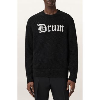 AllSaints Drum Roll Intarsia Cotton Crewneck Sweater in Black/Chalk White at Nordstrom, Size Xx-Large