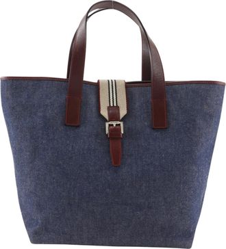 Burberry Bordeaux Navy Denim Leather Canvas Tote Bag (Pre-Owned)
