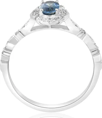 Pompeii3 3/4ct Oval Blue Sapphire Diamond Halo Vintage Engagement Ring 14K White Gold