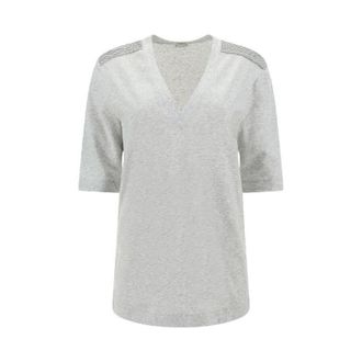 Brunello Cucinelli WomenS Silver Cotton Blend V Neck Shirt, Size XS