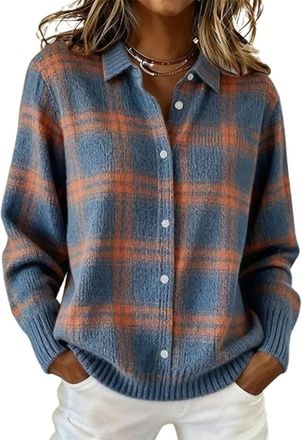 Generic Womens Plaid Print Casual Cotton/Polyester Cardigan - Long Sleeve V-Neck Button Down Design (Foggy Blue-Orange Check,XL)