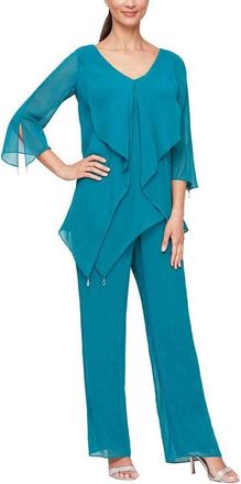 Alex Evenings Ruffled Scoop Neck Pantsuit In Teal