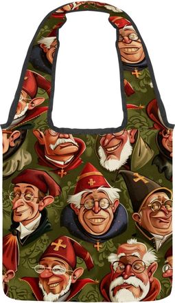 Generic Catholic Caricature Pattern Reversible Canvas Shoulder Tote - Double-Sided Print, 12oz Cotton, 27cm Drop, Fold-Flat Bag for Travel, Shopping, Street O