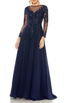 Mac Duggal Hand-Embellished Lace Gown with Jeweled Embroidery in Midnight at Nordstrom, Size 18